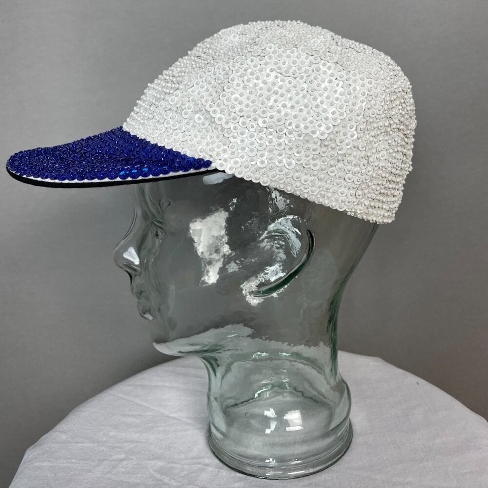 Sequin Baseball Hat Cap Blue White‎ One Size Cotton Lining Funky Bold Playful